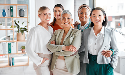 Image showing Diversity, portrait and business women with support, teamwork and group empowerment in office leadership. Career love and hug of asian, black woman and senior people or employees smile for solidarity