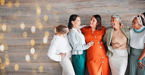 Image showing Pregnant woman, team and happy for touch, stomach or excited by bokeh mockup, solidarity and care. Group, women and pregnancy in office with love, community diversity and smile at financial workplace