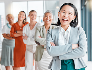 Image showing Asian woman, teamwork portrait and office team of leadership, company management and vision. Diversity, business women and startup agency of a creative marketing group with a proud smile in workplace