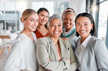 Image showing Diversity, portrait selfie and business women teamwork, global success or group empowerment in office leadership. Social media career of asian, black woman and senior people or staff profile picture