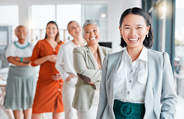 Image showing Asian woman smile, office team portrait and management of leadership, company community and vision. Diversity, business women and startup agency of a creative marketing group in agency workplace