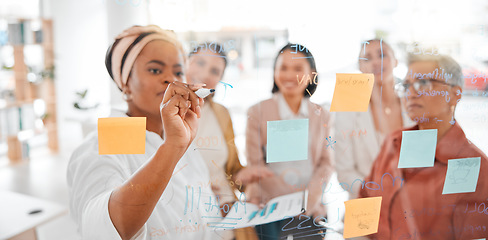 Image showing Planning, strategy or black woman writing a winning marketing or advertising plan for business ideas. Sticky notes, meeting or creative people working on global startup project target or team goals