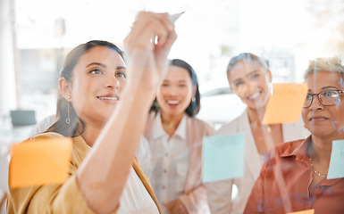 Image showing Planning, business or woman in leadership writing a marketing strategy or advertising plan for branding. Sticky notes, meeting or employees working on a global startup project target or team goals