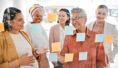 Image showing Planning, pregnant woman or happy CEO writing a marketing strategy, advertising plan or branding ideas. Sticky notes, meeting or manager working on a global startup project goals with a creative team