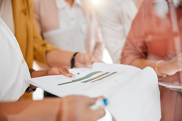 Image showing Chart, paper or hands with a business, financial or marketing plan strategy for company sales growth. Data analytics, meeting or people working on global corporate project target, kpi or team goals