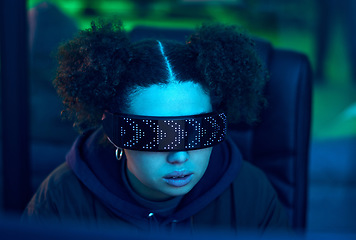 Image showing Computer, cyberpunk glasses or neon hacker hacking software, online server or girl programming password phishing. Blue ransomware developer, cybersecurity face or night programmer coding malware code