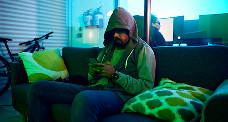 Image showing Man, dark or phone hacking in neon garage on cybersecurity app, software programming or phishing coding. Hacker, technology or planning virus code on night sofa ideas, vision or password fraud scam