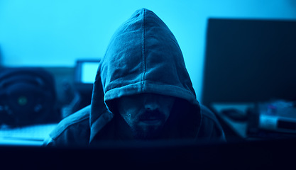 Image showing Computer, night hoodie or neon hacker hacking database software, online server or man password phishing. Blue ransomware developer, cybersecurity programming or hidden programmer coding malware code