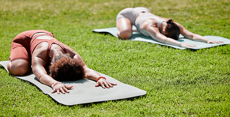 Image showing Fitness, yoga and wellness with woman friends stretching on a field of grass outdoor for spiritual health. Exercise, pilates or downward dog with a female yogi and friend training together outside