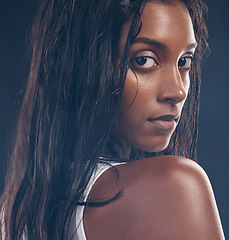 Image showing Black woman, studio portrait and fitness for beauty, wellness and healthcare by black background. Young gen z model, back and face with natural skin glow, self care and mindset for personal health