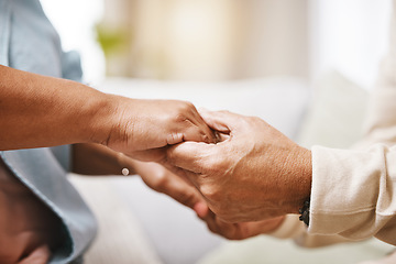 Image showing Worship, praying or old couple love holding hands together in a Christian home in retirement with hope or faith. Jesus, senior man and woman in prayer to God for spiritual bonding, help or support