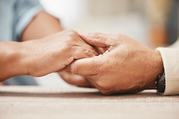Image showing Support, praying or old couple love holding hands together in a Christian home in retirement with hope, belief or faith. Jesus, senior man and woman with peace in prayer to God for spiritual bonding