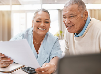 Image showing Senior black couple, paperwork and laptop for planning, budget or taxes with discussion for future in home. Old man, woman and conversation for insurance, retirement or finance goals with documents