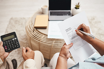 Image showing Couple hands, documents and calculator for writing, budget or planning for future in living room. Senior man, old woman and paperwork for insurance, will or finance strategy for retirement lifestyle