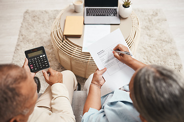 Image showing Top view of retirement couple, pension budget and documents planning for budget, paperwork bills and home. Senior man, woman and people reading notes, financial investment and legal contract report