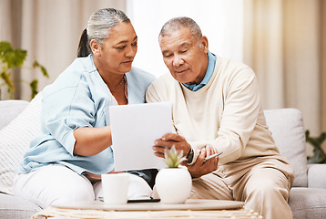 Image showing Finance documents, sofa and senior couple with paperwork for taxes, mortgage payment and savings. Home insurance, banking and elderly man and woman with banking form for loan, investment and pension