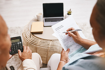 Image showing Top view of couple, retirement home application documents and planning form for budget, paperwork and information. Old man, woman and people reading notes, legal contract report and life insurance