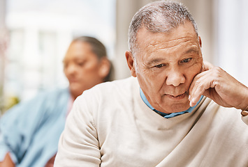 Image showing Stress, sad and divorce with old couple on sofa for breakup, discussion and frustrated. Fight, mental health and crisis with elderly man and woman in living room at home for toxic, conflict and fail