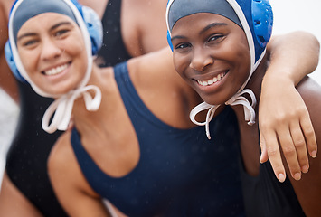 Image showing Portrait, sports or happy team in swimming pool for water polo practice, workout or body fitness. Wellness, smile or healthy athlete girlfriends exercising for cardio, endurance or exercise goals