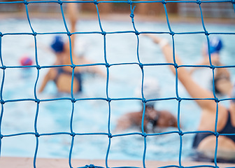 Image showing Swimming pool, goal net and background with space for mockup for water polo, game or sport contest. Women group, training or summer sports with teamwork at university competition in summer mock up