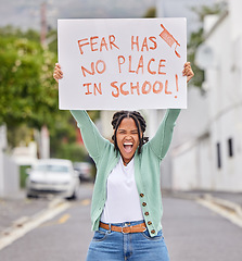 Image showing Protest portrait, poster and student shout for human rights support, USA gun control safety or stop school shooting. City banner, global justice and teen black woman rally for government law change