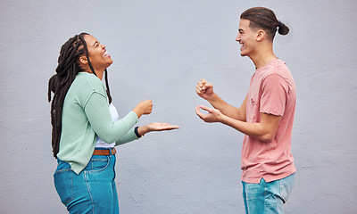 Image showing Happy, friends and game with hands of people and wall background for competition, decision and challenge. Rock, paper and scissors with man and black woman playing for funny, smile and strategy