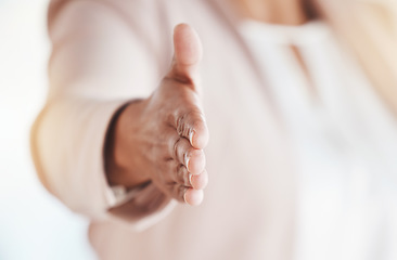 Image showing Person, handshake and welcome for hiring, recruitment or introduction and greeting in business partnership. Hand gesture, emoji or shaking hands for b2b, trust or collaboration in agreement thanks