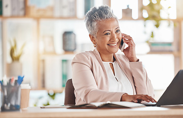 Image showing Happy accountant woman, phone call or laptop for financial networking, company growth or trading in office. Finance, smile or advisor on smartphone for stock market, invest budget or tax planning