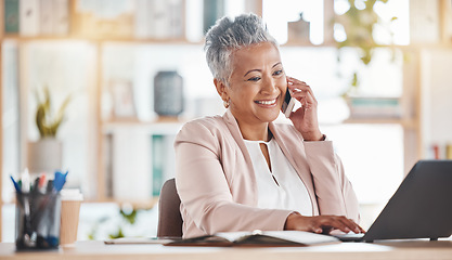 Image showing Phone call, happy financial advisor or woman on laptop for networking, company growth or trading in office. Finance, smile or manager on smartphone for stock market, invest budget or tax planning