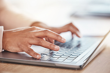 Image showing Hand, accountant or woman on laptop for financial strategy, tax or audit review for company growth in office. Finance, zoom or advisor on tech for stock market, investment budget or mortgage planning