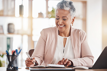 Image showing Success, accountant or woman writing in notebook for financial strategy or company growth tax audit review in office. Finance, smile or advisor for stock market, invest budget or mortgage planning