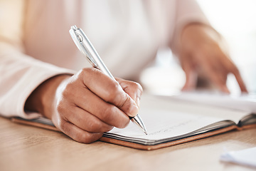 Image showing Hands, accountant or woman writing in notebook for financial strategy, tax or audit review for company growth in office. Finance, zoom or advisor for stock market, invest budget or mortgage planning