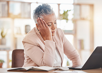 Image showing Stress, accountant or burnout woman on laptop for financial crisis, mental health or invest depression in office. Finance, tired or sad advisor for stock market, business budget or mortgage planning