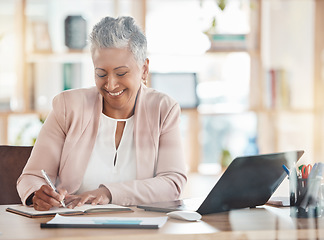 Image showing Success, accounting or woman financial advisor writing in notebook for strategy or company growth tax audit in office. Finance, smile or senior for stock market, invest budget or mortgage planning