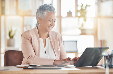 Image showing Happy, accountant or woman on laptop search for financial strategy, tax or audit review for company growth in office. Finance, zoom or advisor for stock market, invest budget or mortgage planning