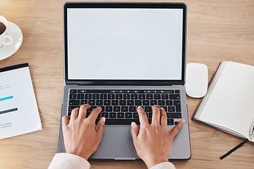 Image showing Hand, accountant or woman on laptop with mockup for financial strategy, tax or audit review for company growth in office. Finance, zoom or advisor for stock market, invest budget or mortgage planning