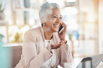 Image showing Happy, phone call and senior business woman in office for communication, contact and good news. Technology, corporate and funny with employee listening to conversation for smile, connection and ceo