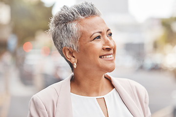 Image showing Senior woman, city and employee thinking with blurred background with a finance plan idea. Urban, investment vision and mature financial worker outdoor happy about investing and retirement ideas