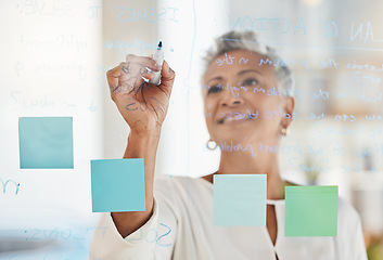 Image showing Senior business woman, writing and planning schedule for corporate strategy, ideas or tasks at office. Elderly female CEO in project management, brainstorming or sticky note plan for company goals