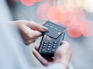 Image showing Credit card, pos payment and hands of people, woman or courier delivery man with retail sales machine. Logistics supply chain, shipping distribution and shopping customer with financial fintech tap