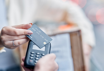 Image showing POS credit card, delivery hands and payment tap, woman or retail sales people with cardboard product box. Logistic supply chain, financial fintech and shopping customer with courier package container