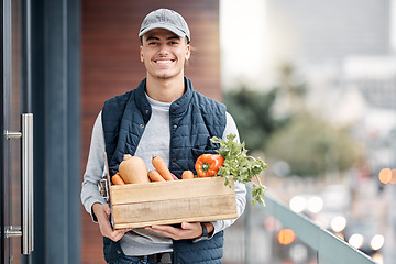 Image showing Happy grocery delivery, courier and man with retail sales product, food shopping or door shipping container. Logistics supply chain, health nutritionist portrait and distribution person with package