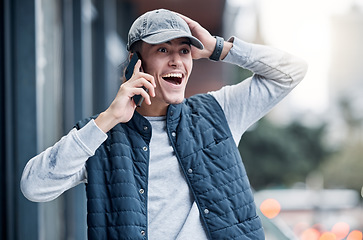 Image showing Winner wow, phone and man on a balcony celebrating good news with a smile from bonus and promotion. Happiness, yes and mobile call connection of a person with winning surprise or achievement
