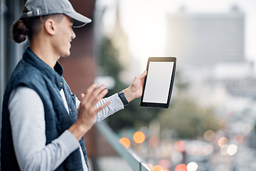 Image showing Wave, mock up or man with video call on tablet in city balcony for communication, networking or virtual assistance. Screen, happy or male on tech in London for speaking, 5g mobile network or talking