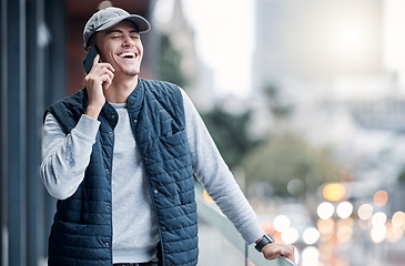 Image showing Phone call, communication and man happy in city for conversation, laughing and talking in New York. Networking, 5g connection and young male with smartphone for speaking, chatting and online contact