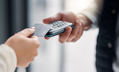 Image showing Debit card, pos payment and hands of people, woman or courier delivery man with retail sale machine. Logistics supply chain, shipping distribution or shopping customer with financial fintech purchase