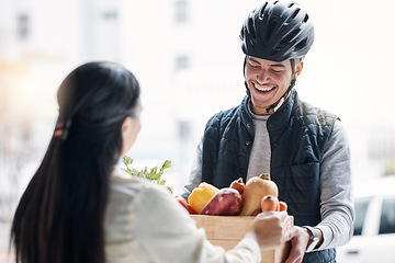 Image showing Grocery customer, courier delivery or happy man with retail sale product, food shopping or vegetable shipping container. Logistic supply chain, health nutritionist or distribution person with package