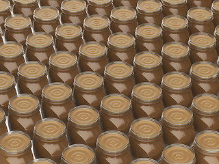 Image showing Many rows with jars with peanut butter