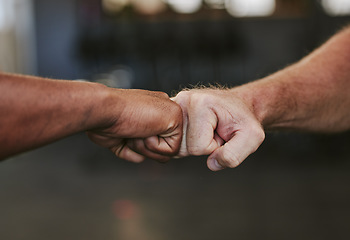 Image showing Fist bump, hands and fitness motivation for sports, greeting or team building in gym for wellness. Athlete people, exercise partnership or support, agreement and collaboration, success or teamwork.