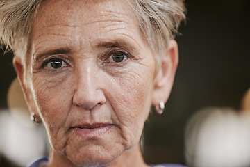 Image showing Serious, tired and portrait of a senior woman at the gym for fitness, exercise and cardio training. Athlete, health and face of an elderly person at a club for a workout and sports in retirement